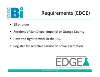 Requirements (EDGE)
                      Requirements (EDGE)
• 18 or older
  18 or older

• Resident of San Diego, Imperial or Orange County

• Have the right to work in the U.S.

• Register for selective service or prove exemption




                      www.biocominstitute.org
 