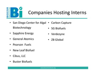 Companies Hosting Interns
               Companies Hosting Interns
• San Diego Center for Algal • Carbon Capture
  San Diego Center for Algal  Carbon Capture
  Biotechnology                  • SG Biofuels
• S
  Sapphire Energy
      hi E                       • Verdezyne
• General Atomics                • ZB Global
• Pearson  Fuels
• New Leaf Biofuel
  New Leaf Biofuel
• Cibus, LLC
• Buster Biofuels
                      www.biocominstitute.org
 