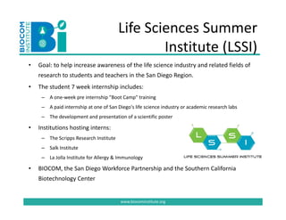 Life Sciences Summer 
                                                Institute (LSSI)
•   Goal: to help increase awareness of the life science industry and related fields of 
    research to students and teachers in the San Diego Region.
•   The student 7 week internship includes: 
     – A
       A one‐week pre internship "Boot Camp" training
                k     i t    hi "B t C     "t i i
     – A paid internship at one of San Diego's life science industry or academic research labs
     – The development and presentation of a scientific poster

•   Institutions hosting interns:
     – The Scripps Research Institute
     – Salk Institute
     – La Jolla Institute for Allergy & Immunology

•   BIOCOM, the San Diego Workforce Partnership and the Southern California 
    Biotechnology Center 
    Biotechnology Center


                                        www.biocominstitute.org
 
