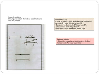Segundo problema
Por un punto dado A fuera de la recta BC, tazar a
esta una paralela
Primera solución
-Ubicar un punto D sobre la recta y con el compás con
centro en D y radio DA razar el arco AE
-Con centro en E con radio DA trazar arco DF.
-Cn el compás medir AE y ubicar F.
- Por ultimo trzar la linea en los puntos A y F.
Segunda solución
-Colocar las escuadras en posicion uno , deslizar
hasta el punto A y trazar la paralela.
 