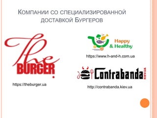 КОМПАНИИ СО СПЕЦИАЛИЗИРОВАННОЙ
ДОСТАВКОЙ БУРГЕРОВ
https://theburger.ua
http://contrabanda.kiev.ua
https://www.h-and-h.com.ua
 