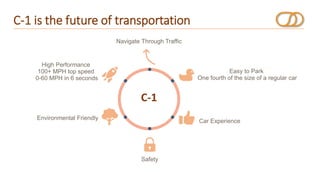 C-1 is the future of transportation
C-1
Navigate Through Traffic
Easy to Park
One fourth of the size of a regular car
High Performance
100+ MPH top speed
0-60 MPH in 6 seconds
Environmental Friendly
Safety
Car Experience
 