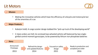 Lit Motors
Mission
• Making the innovative vehicles which have the efficiency of a bicycle and motorcycle but
all the amenities of a car.
Major Products
• Kubo(on hold): A cargo scooter design dubbed the “pick-up truck of the developing world”
• C-1(pre-orders are full): An enclosed two-wheeled vehicle self-balanced by two single-
gimbal control moment gyroscopes, to be powered by lithium iron phosphate batteries
Story
2013 2014 2015 2016
Announced
Prototype
Ready to production and
accepted pre-order
Focused on safety
design
Refined the design
and updated features
 