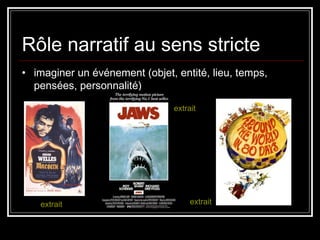 Rôle narratif au sens stricte imaginer un événement (objet, entité, lieu, temps, pensées, personnalité) extrait extrait extrait 