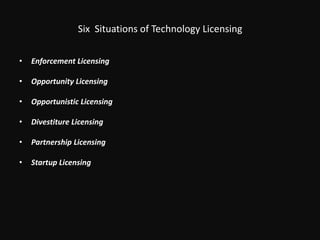 Six  Situations of Technology LicensingEnforcement Licensing Opportunity LicensingOpportunistic LicensingDivestiture LicensingPartnership LicensingStartup Licensing
