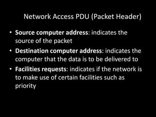 Network Access PDU (Packet Header)Source computer address: indicates the source of the packetDestination computer address: indicates the computer that the data is to be delivered toFacilities requests: indicates if the network is to make use of certain facilities such as priority