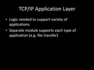 TCP/IP Application LayerLogic needed to support variety of applicationsSeparate module supports each type of application (e.g. file transfer)