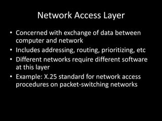 Network Access LayerConcerned with exchange of data between computer and networkIncludes addressing, routing, prioritizing, etcDifferent networks require different software at this layerExample: X.25 standard for network access procedures on packet-switching networks
