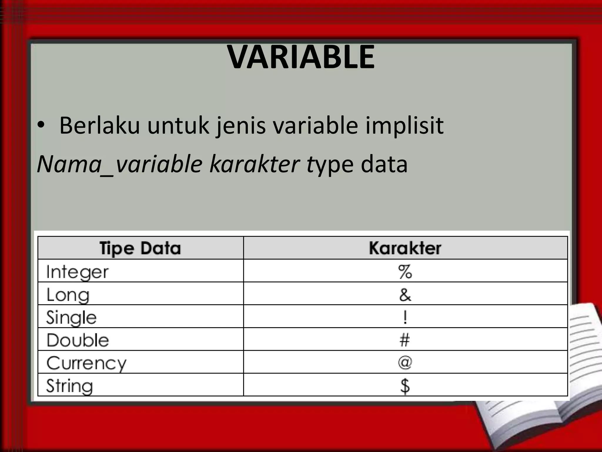 VARIABLE
• Berlaku untuk jenis variable implisit
Nama_variable karakter type data

 