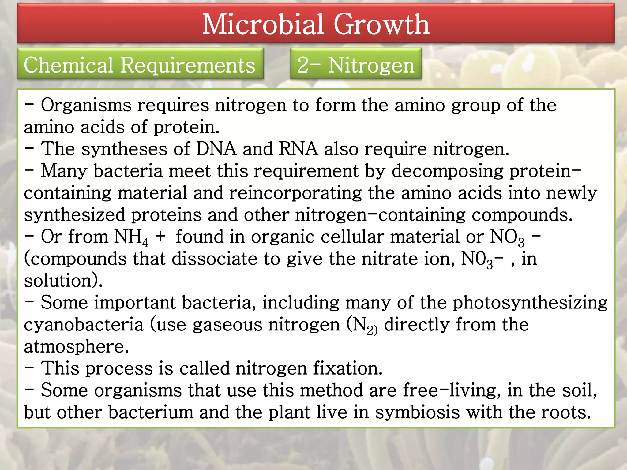 Microbial Growth 
Chemical Requirements 2- Nitrogen 
- Organisms requires nitrogen to form the amino group of the 
amino acids of protein. 
- The syntheses of DNA and RNA also require nitrogen. 
- Many bacteria meet this requirement by decomposing protein-containing 
material and reincorporating the amino acids into newly 
synthesized proteins and other nitrogen-containing compounds. 
- Or from NH4 + found in organic cellular material or NO3 - 
(compounds that dissociate to give the nitrate ion, N03- , in 
solution). 
- Some important bacteria, including many of the photosynthesizing 
cyanobacteria (use gaseous nitrogen (N2) directly from the 
atmosphere. 
- This process is called nitrogen fixation. 
- Some organisms that use this method are free-living, in the soil, 
but other bacterium and the plant live in symbiosis with the roots. 
 