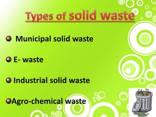 Municipal solid waste
E- waste
Industrial solid waste
Agro-chemical waste
 
