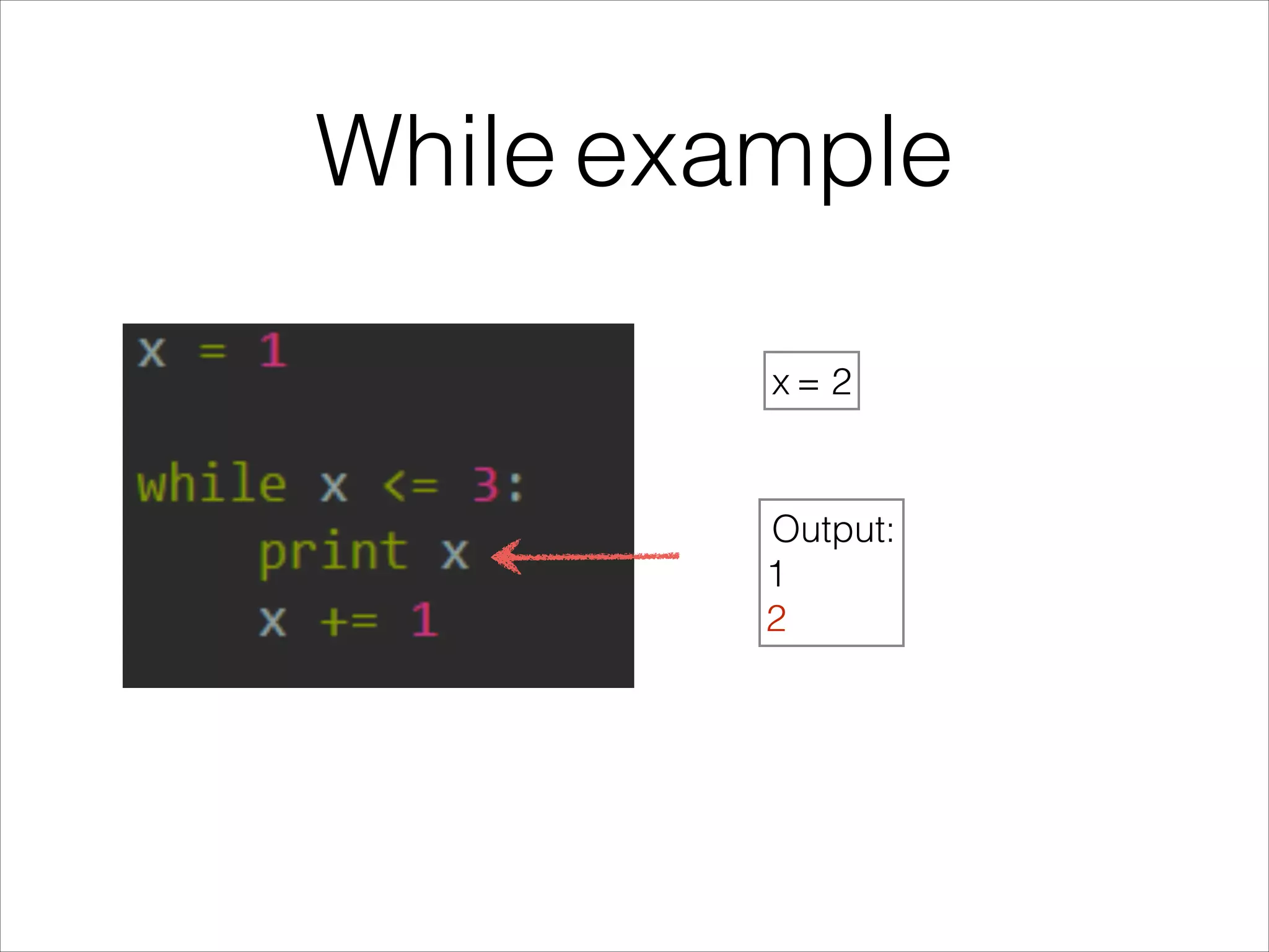 While example
x = 2
Output:
1
2
 