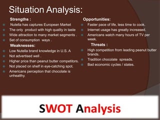 Situation Analysis:
Strengths :
 Nutella has captures European Market
 The only product with high quality in taste
 Wide attraction to many market segments .
 Set of consumption ways .
Weaknesses:
 Low Nutella brand knowledge in U.S. A
 Not advertised well .
 Higher price than peanut butter competitors.
 Not placed on shelf in eye-catching spot.
 Americans perception that chocolate is
unhealthy.
Opportunities:
 Faster pace of life, less time to cook.
 Internet usage has greatly increased.
 Americans watch many hours of TV per
week.
Threats :
 High competition from leading peanut butter
brands.
 Tradition chocolate spreads.
 Bad economic cycles / states.
 
