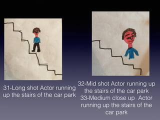 31-Long shot Actor running
up the stairs of the car park
32-Mid shot Actor running up
the stairs of the car park
33-Medium close up Actor
running up the stairs of the
car park
 