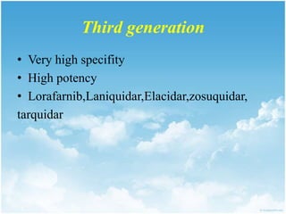 Third generation
• Very high specifity
• High potency
• Lorafarnib,Laniquidar,Elacidar,zosuquidar,
tarquidar
 