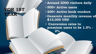 FOR 1ST
YEAR
• Around 2000 visitors daily
• 500+ Active users
• 200+ Active book vendors
• Generate monthly revenue of
$15,000 USD
• Conversion rates to
premium users to be 1.5% -
2%
 