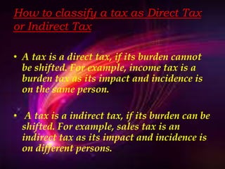 • Corporation tax
• Value added tax
• Service tax
• Excise duty
• Wealth tax
• Sales tax
 