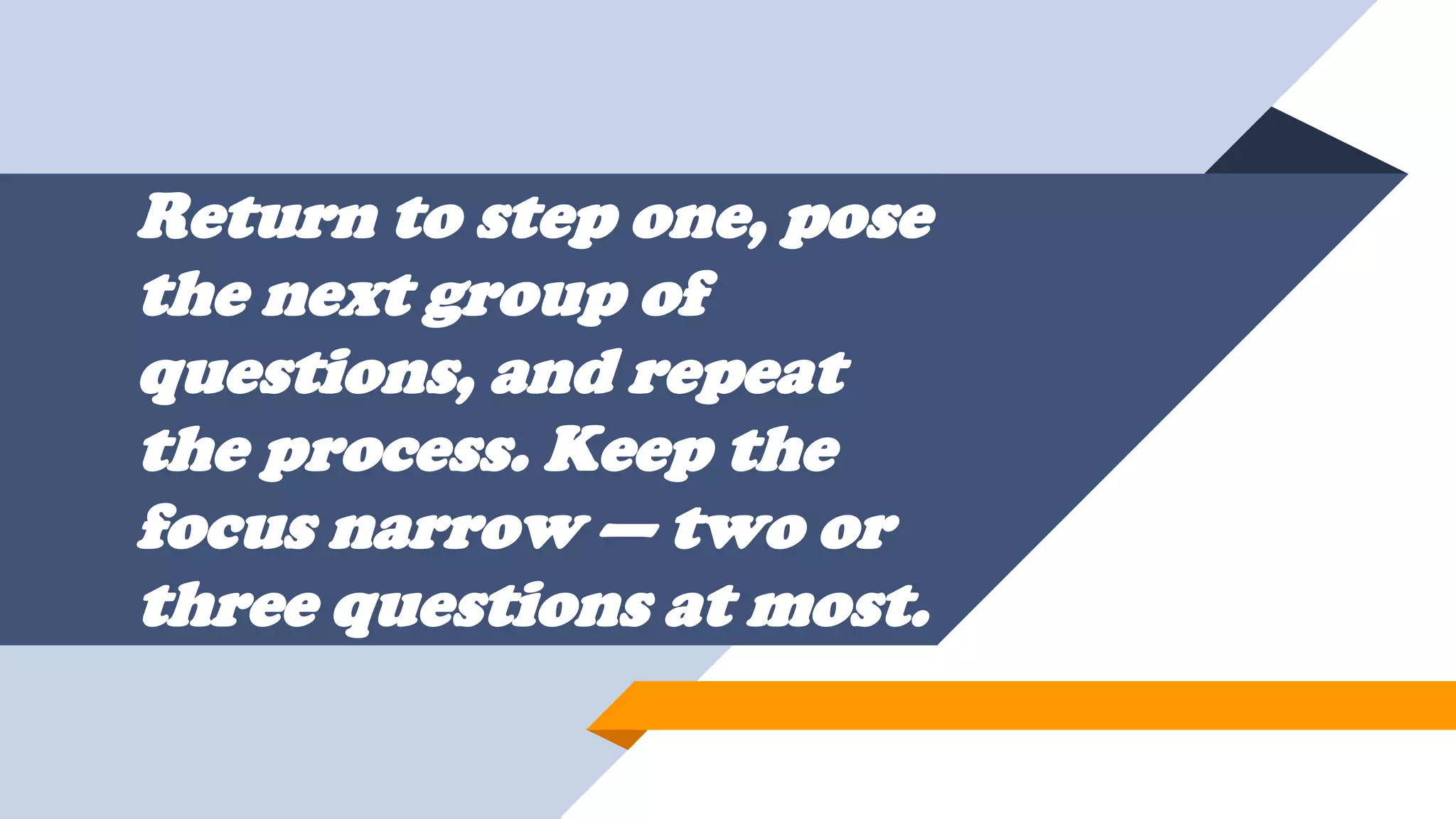 Return to step one, pose
the next group of
questions, and repeat
the process. Keep the
focus narrow — two or
three questions at most.
 