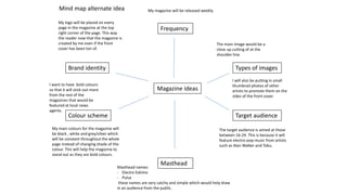 Magazine ideas
Types of images
Frequency
Brand identity
Masthead
Colour scheme Target audience
I want to have bold colours
so that it will stick out more
from the rest of the
magazines that would be
featured at local news
agents.
The main image would be a
close up cutting of at the
shoulder line.
Masthead names:
- Electro Eskimo
- Pulse
these names are very catchy and simple which would help draw
in an audience from the public.
The target audience is aimed at those
between 16-24. This is because it will
feature electro-pop music from artists
such as Alan Walker and Tobu.
My main colours for the magazine will
be black , white and grey/silver which
will be constant throughout the whole
page instead of changing shade of the
colour. This will help the magazine to
stand out as they are bold colours.
I will also be putting in small
thumbnail photos of other
artists to promote them on the
sides of the front cover.
My magazine will be released weekly
My logo will be placed on every
page in the magazine at the top
right corner of the page. This way
the reader now that the magazine is
created by me even if the front
cover has been ton of.
Mind map alternate idea
 