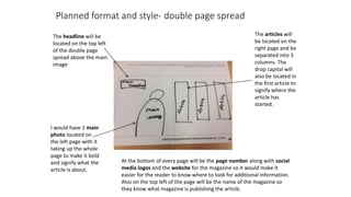 The headline will be
located on the top left
of the double page
spread above the main
image
The articles will
be located on the
right page and be
separated into 3
columns. The
drop capital will
also be located in
the first article to
signify where the
article has
started.
I would have 1 main
photo located on
the left page with it
taking up the whole
page to make it bold
and signify what the
article is about.
At the bottom of every page will be the page number along with social
media logos and the website for the magazine so it would make it
easier for the reader to know where to look for additional information.
Also on the top left of the page will be the name of the magazine so
they know what magazine is publishing the article.
Planned format and style- double page spread
 