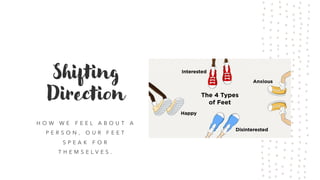 Shifting
Direction
H O W W E F E E L A B O U T A
P E R S O N , O U R F E E T
S P E A K F O R
T H E M S E L V E S .
 