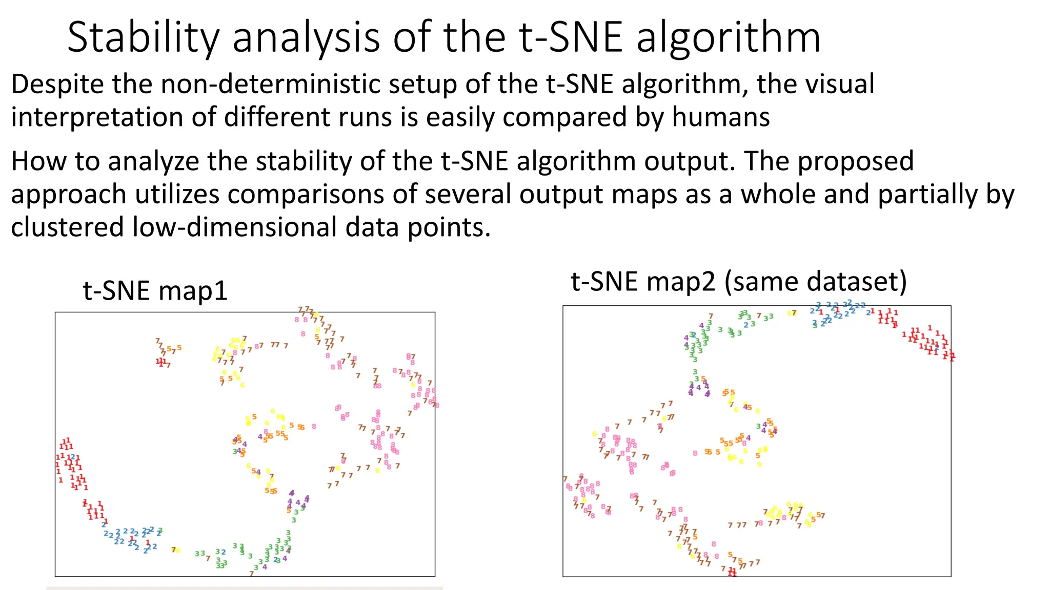 Stability analysis of the t-SNE algorithm
Despite the non-deterministic setup of the t-SNE algorithm, the visual
interpretation of different runs is easily compared by humans
How to analyze the stability of the t-SNE algorithm output. The proposed
approach utilizes comparisons of several output maps as a whole and partially by
clustered low-dimensional data points.
t-SNE map1 t-SNE map2 (same dataset)
 