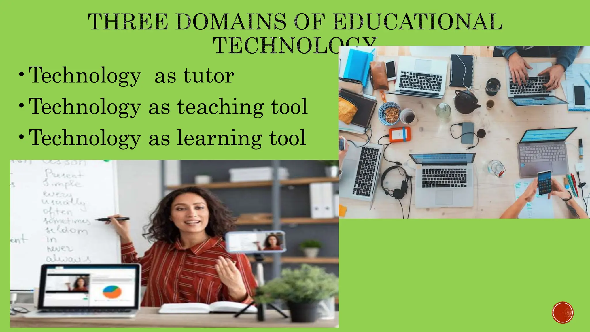 •Technology as tutor
•Technology as teaching tool
•Technology as learning tool
 