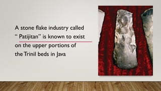 A stone flake industry called
“ Patijitan” is known to exist
on the upper portions of
theTrinil beds in Java
 