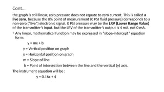 Cont…
the graph is still linear, zero pressure does not equate to zero current. This is called a
live zero, because the 0% point of measurement (0 PSI fluid pressure) corresponds to a
non-zero (“live”) electronic signal. 0 PSI pressure may be the LRV (Lower Range Value)
of the transmitter’s input, but the LRV of the transmitter’s output is 4 mA, not 0 mA.
• Any linear, mathematical function may be expressed in “slope-intercept” equation
form:
y = mx + b
y = Vertical position on graph
x = Horizontal position on graph
m = Slope of line
b = Point of intersection between the line and the vertical (y) axis.
The instrument equation will be :
y = 0.16x + 4
 