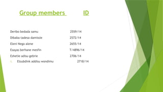 Group members ID
Deribo bedada samu 2559/14
Dibaba tadesa damissie 2572/14
Eleni Nega alene 2655/14
Esayas berhane mesfin T/4896/14
Eshetie adisu gebrie 2706/14
1. Etsubdink addisu wondimu 2718/14
 