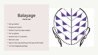 Step by step
Balayage
? Set up station
? Drape your guest
? Perform hair & scalp analysis
? Put on gloves
? Section hair in 3 sections
? Mix hair color
? Start in the nap working to the top of the head
? 1/2 inch diagnole patings
 