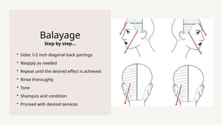 Step by step...
Balayage
? Sides 1/2 inch diagonal back partings
? Reapply as needed
? Repeat until the desired effect is achieved
? Rinse thoroughly
? Tone
? Shampoo and condition
? Proceed with desired services
 