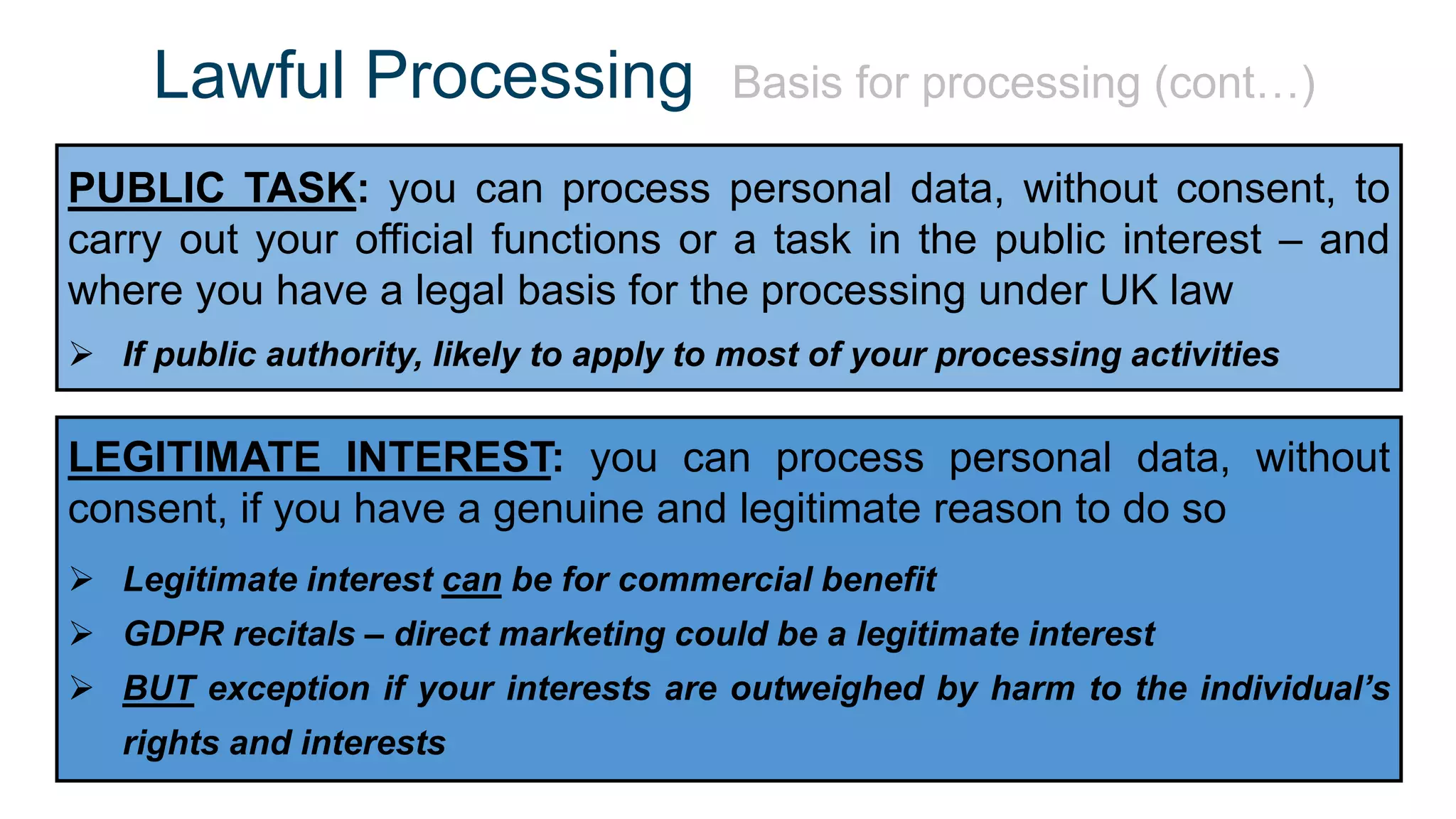 Lawful Processing Basis for processing (cont…)
PUBLIC TASK: you can process personal data, without consent, to
carry out your official functions or a task in the public interest – and
where you have a legal basis for the processing under UK law
 If public authority, likely to apply to most of your processing activities
LEGITIMATE INTEREST: you can process personal data, without
consent, if you have a genuine and legitimate reason to do so
 Legitimate interest can be for commercial benefit
 GDPR recitals – direct marketing could be a legitimate interest
 BUT exception if your interests are outweighed by harm to the individual’s
rights and interests
 