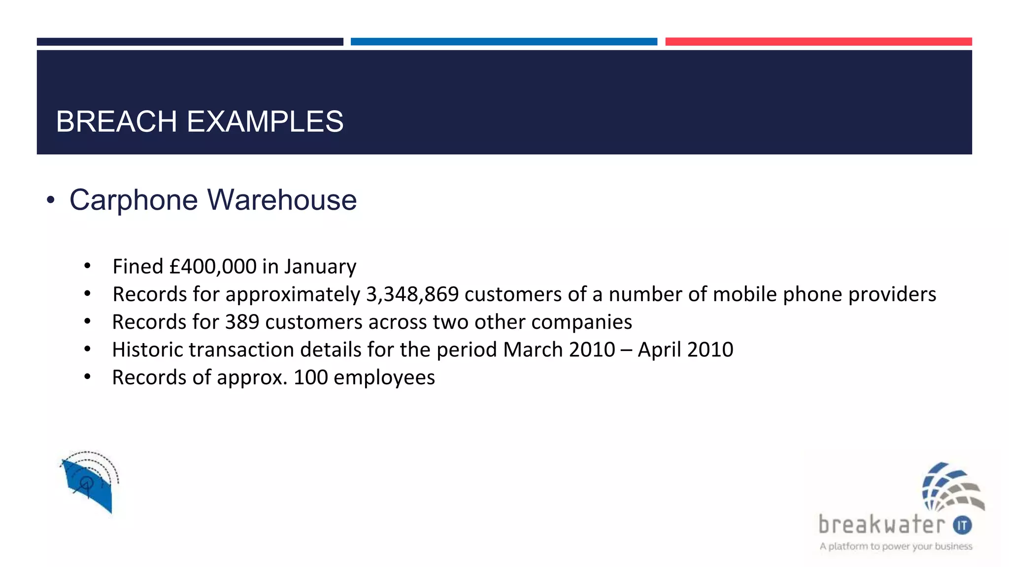 BREACH EXAMPLES
• Carphone Warehouse
• Fined £400,000 in January
• Records for approximately 3,348,869 customers of a number of mobile phone providers
• Records for 389 customers across two other companies
• Historic transaction details for the period March 2010 – April 2010
• Records of approx. 100 employees
 
