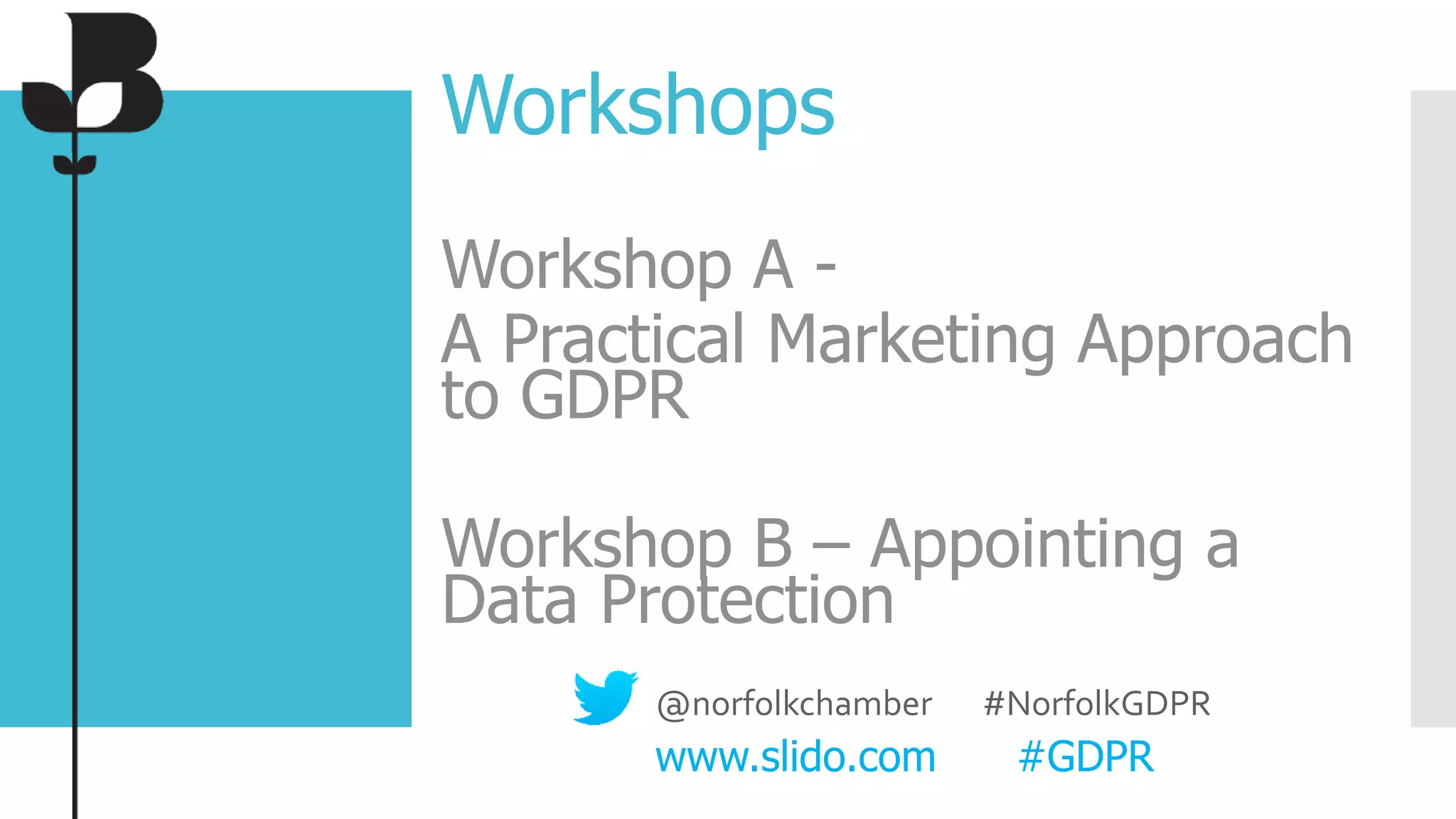 Workshops
Workshop A -
A Practical Marketing Approach
to GDPR
Workshop B – Appointing a
Data Protection
@norfolkchamber #NorfolkGDPR
www.slido.com #GDPR
 