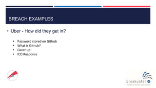 BREACH EXAMPLES
• Uber - How did they get in?
• Password stored on Github
• What is Github?
• Cover up!
• ICO Response
 