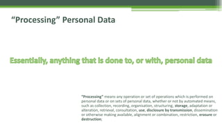 “Processing” Personal Data
“Processing” means any operation or set of operations which is performed on
personal data or on sets of personal data, whether or not by automated means,
such as collection, recording, organisation, structuring, storage, adaptation or
alteration, retrieval, consultation, use, disclosure by transmission, dissemination
or otherwise making available, alignment or combination, restriction, erasure or
destruction;
 