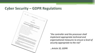 Cyber Security – GDPR Regulations
“the controller and the processor shall
implement appropriate technical and
organisational measures to ensure a level of
security appropriate to the risk”
…Article 32, GDPR
 