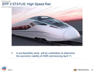 A pre-feasibility study  will be undertaken to determine  the economic viability of HSR commencing April 11.  EPP 3 STATUS: High Speed Rail  