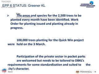 The areas and species for the 2,500 trees to be  planted every month have been identified. Work  Order for planting issued and planting already in  progress. 100,000 trees planting for the Quick Win project  were  held on the 3 March.  Participation of the private sector in pocket parks  are welcomed but needs to be tailored to DBKL’s  requirements for some standardization and suited to  the city’s character.    EPP 6 STATUS: Greener KL 