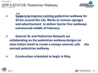 Scope is to improve existing pedestrian walkway for  42 km around the city. Works to remove signages  and advertisement  to deliver barrier free walkways  commenced middle of February. Greener KL and Pedestrian Network are  collaborating on the pedestrian walkway designs on  Jalan Sultan Ismail to create a canopy covered, safe  city concept pedestrian walkway.  Construction scheduled to begin in May.    EPP 8 STATUS: Pedestrian Walkway 