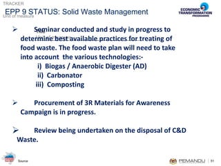Seminar conducted and study in progress to  determine best available practices for treating of  food waste. The food waste plan will need to take  into account  the various technologies:-     i)  Biogas / Anaerobic Digester (AD)     ii)  Carbonator    iii)  Composting Procurement of 3R Materials for Awareness  Campaign is in progress. Review being undertaken on the disposal of C&D  Waste. EPP 9 STATUS: Solid Waste Management 