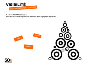 IL FAUT ÊTRE L’AMI DE GOOGLE.
Pour cela nous communiquons avec ses robots et son algorythme depuis 2003.




                                                                    digital + visibilité + architecture sociale + coworking_lab + évènementiel
 