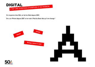En moyenne chez 50A, on fait du Web depuis 2003.

On a un iPhone depuis 2007, et on vole l’iPad du Boss dès qu’il en change !




                                                                                                                                                  7
                                                                         digital + visibilité + architecture sociale + coworking_lab + évènementiel
                                                                         7
 