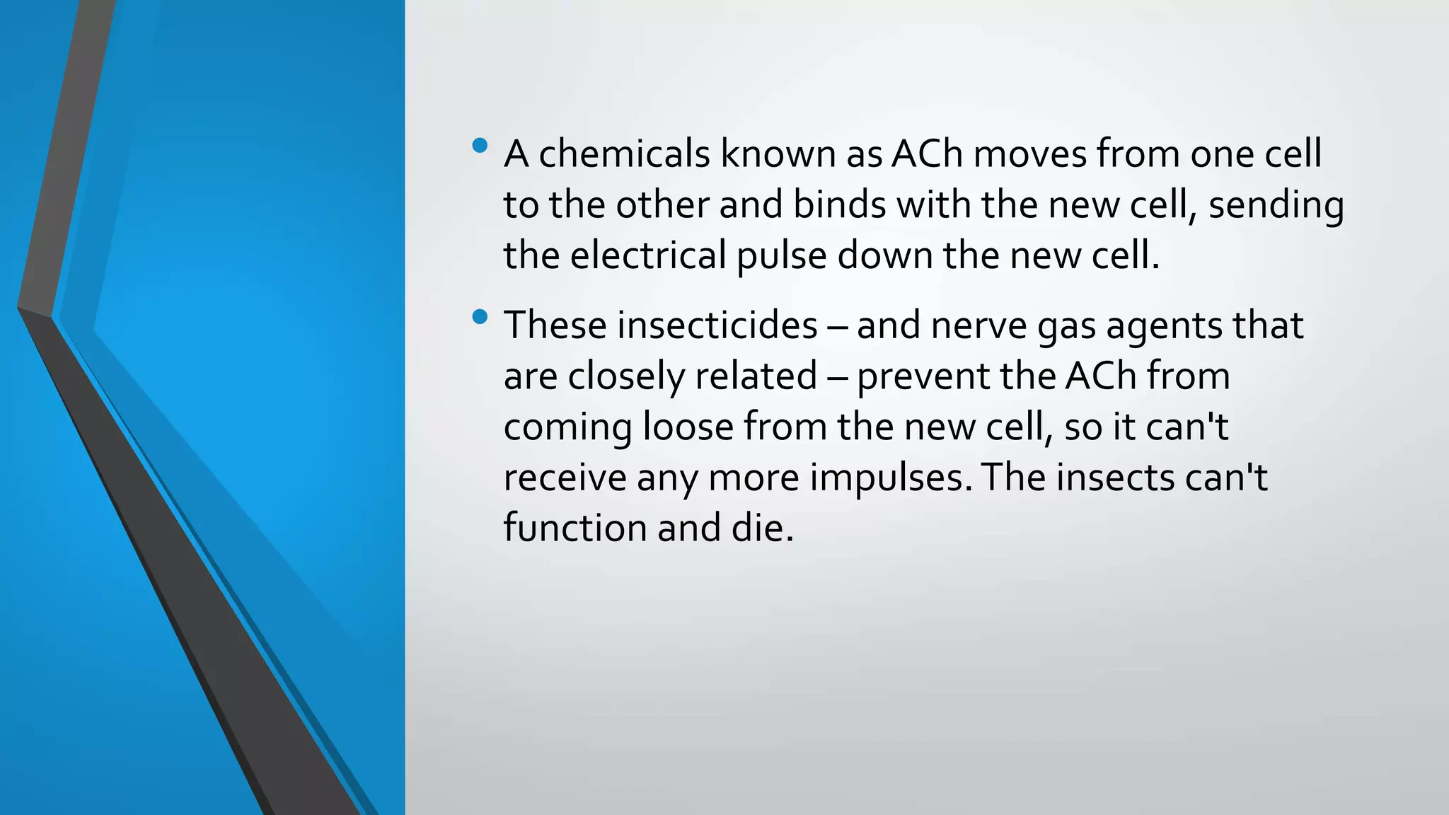 • A chemicals known as ACh moves from one cell
to the other and binds with the new cell, sending
the electrical pulse down the new cell.
• These insecticides – and nerve gas agents that
are closely related – prevent the ACh from
coming loose from the new cell, so it can't
receive any more impulses.The insects can't
function and die.
 