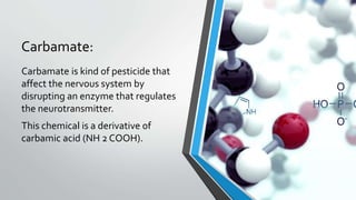 Carbamate:
Carbamate is kind of pesticide that
affect the nervous system by
disrupting an enzyme that regulates
the neurotransmitter.
This chemical is a derivative of
carbamic acid (NH 2 COOH).
 