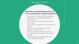 14
Pourquoi la 5G ?
Répondre aux problématiques de la 4G
et aux contraintes du monde d’aujourd’hui
-Démocratiser un réseau MONDIAL en prenant
en compte les contraintes énergétiques du
monde actuel
-Rendre ce réseau facile à mettre en oeuvre et
peu couteux
-Rendre la 5G compatible avec tous les nouveaux
devices
-Diminuer le prix de la data étant donné
l’explosion du traﬃc a venir
-Proposer un réseau sécurisé au maximum
-Uniformiser l’accès à l’information de manière
générale
-Interconnecter tous les objets entre eux et
rendre intelligents ces objets
 