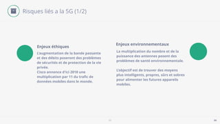 5G 24
L’augmentation de la bande passante
et des débits poseront des problèmes
de sécurités et de protection de la vie
privée.
Cisco annonce d'ici 2018 une
multiplication par 11 du traﬁc de
données mobiles dans le monde.
Enjeux éthiques
La multiplication du nombre et de la
puissance des antennes posent des
problèmes de santé environnementale.
L’objectif est de trouver des moyens
plus intelligents, propres, sûrs et sobres
pour alimenter les futures appareils
mobiles.
Enjeux environnementaux
Risques liés a la 5G (1/2)
 
