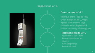 8
Rappels sur la 1G
Qu’est ce que la 1G ?
-Introduit entre 1980 et 1990
-Débit atteignant les 2,4kbps
-Appels dans un seul pays
-Utilise la technologie AMPS
-Utilisation du signal analogique
Inconvenients de la 1G
-Qualité de la voix faible
-Peu de batterie sur les
devices
-Gros téléphones
-Peu de sécurité
 