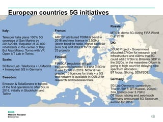 European countries 5G initiatives
48
Italy:
Telecom Italia plans 100% 5G
coverage of San Marino by
2018/2019, ‘Republic’ of 30,000
inhabitants in the center of Italy.
But Also Milano, Torino with VF.
Open IoT Lab in Torino.
France:
ARCEP attributed 700MHz band in
2016 and new licence in 3.5GHz
(lower band for radio, higher band for
pure 5G) and 26GHz for 5G trials
25 projects
Finland:
FINOCA (regulator) will put
frequencies between 3.4 and 3.5GHz
in use for 5G in 2019. NOW it has
granted 13 licences for trials + a 5G
test network is available in OULU for
research and business trials.
Russia:
MTS to demo 5G during FIFA World
Cup 2018
UK:
5GUK Project - Government
allocated £740m for research and
infrastructure and claims that 5G
could add £173bn to Britain’s GDP in
the 2020s. In the meantime Ofcom is
going to high court for delaying new
spectrum allocation
BT focus: Slicing, SDM/SDE
Germany
5G Lab Germany: consortium
Trial 01/2017: DT-Huawei, 2Gbps,
3ms latency over 3.7GHz
DT focus: slicing and zero touch
Germany announced 5G Spectrum
auction for 2018
Sweeden:
Ericsson & TeliaSonera to be one
of the first operators to offer 5G, in
2018, initially in Stockholm and
Tallinn
Spain:
5GTonic Lab: Telefonica + U.Madrid
+ Interop test 5G in Germany
 